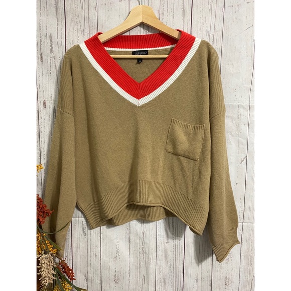 Topshop Sweaters - TOPSHOP Crop V neck wide Sleeve Sweater Tan Size 6